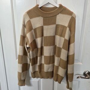Tan and Cream Checkered Women's Sweater